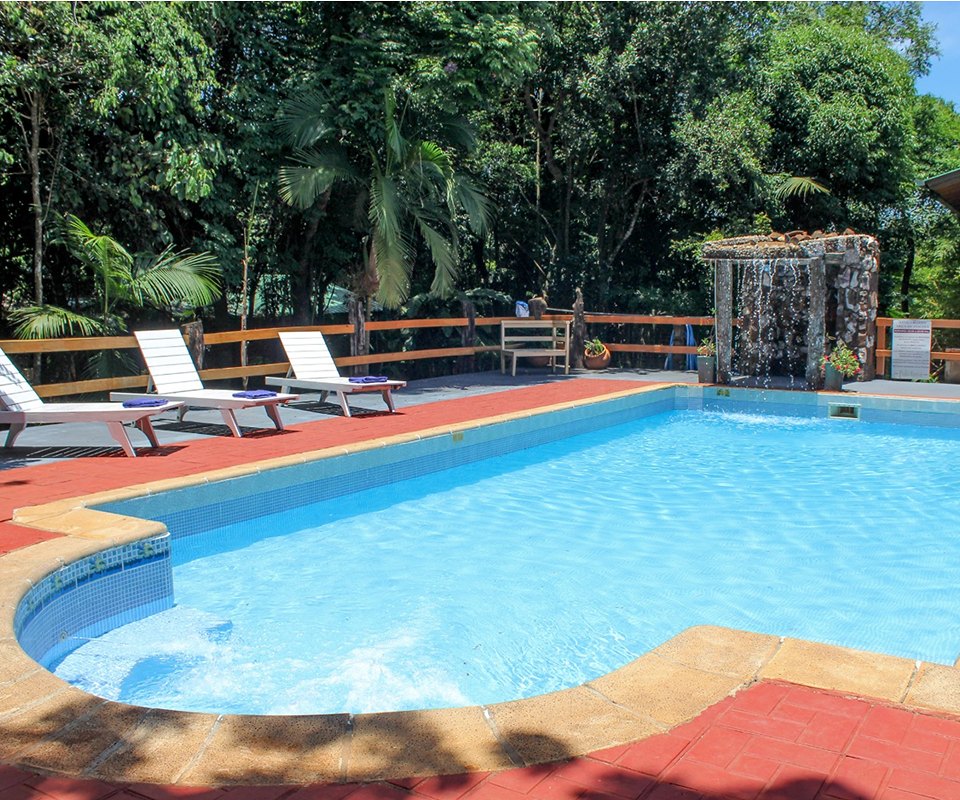 Solárium con reposeras junto a la piscina